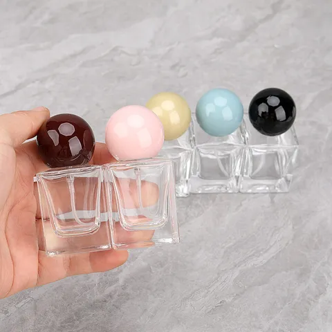 Square Glass Perfume Refillable Bottle Portable Empty Fragrance Spray With Colorful Round Ball Cap For Travel Cosmetic Use