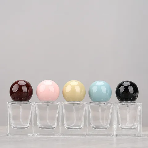 Square Glass Perfume Refillable Bottle Portable Empty Fragrance Spray With Colorful Round Ball Cap For Travel Cosmetic Use