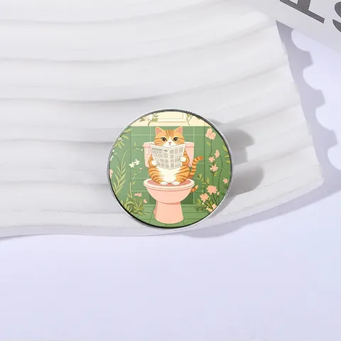 Drôle Broche Badge Chat Orange de Dessin Animé Salle de Bain Vert Rétro Motif Floral Alliage de Zinc Électroplaqué Épingle Décorative Cadeau Bijoux Unisexe