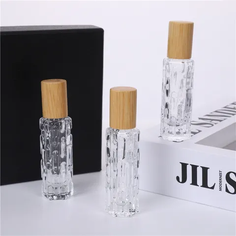Bouteille à Bille en Verre pour Huile Essentielle Bouchon en Bois de Bambou Bouteille Distributeur de Parfum Rechargeable Avec Motif en Relief