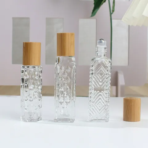 Bouteille à Bille en Verre pour Huile Essentielle Bouchon en Bois de Bambou Bouteille Distributeur de Parfum Rechargeable Avec Motif en Relief