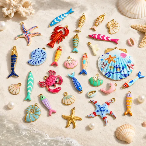 Edelstahl Ozean Stil Muschel Seestern Fisch Hummer Krabbe Emaille Strass DIY Schmuckherstellung Anhänger Sommer Strand Urlaub Charms