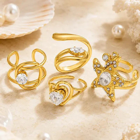 Anillo Ajustable Abierto de Acero Inoxidable Chapado en Oro para Mujer Joyas de Moda con Strass de Corazón y Estrella