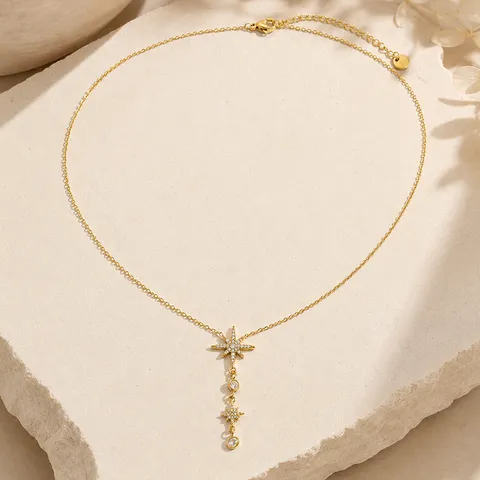 Stainless Steel Pave Rhinestone Starfish Snowflake Y-Necklace Gold Plated Waterproof Hypoallergenic Pendant Jewelry For Women
