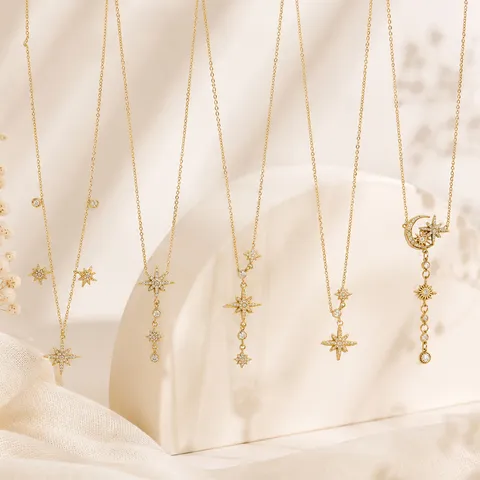 Light Luxury Stainless Steel Eight-Pointed Star Moon Rhinestone Necklace For Women 18K Gold Plated Starry Sky Y-Shaped Pendant Fashion Commute Jewelry