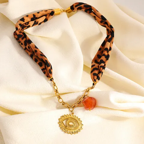 Leopard Print Scarf Necklace For Women Stainless Steel Maillard Style Multi-Pendant Vintage Rhinestone Sweater Chain DIY Jewelry