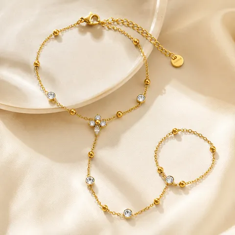 Edelstahl 18K Vergoldet Handschmuck Armband Mit Kreuz Blume Strass Böhmisch Verstellbarer Ring Für Damen Schmuck
