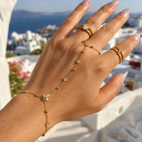 Edelstahl 18K Vergoldet Handschmuck Armband Mit Kreuz Blume Strass Böhmisch Verstellbarer Ring Für Damen Schmuck