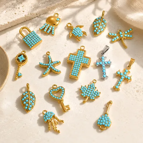 Edelstahl DIY Schmuck Anhänger Zubehör Mit Blauem Strass Inlay Vergoldet Kreuz Libelle Krake Blatt Charm