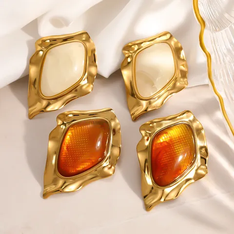 French Vintage Irregular Geometric Stainless Steel Stud Earrings For Women PVD 18K Gold Plated Resin Inlay Waterproof Jewelry