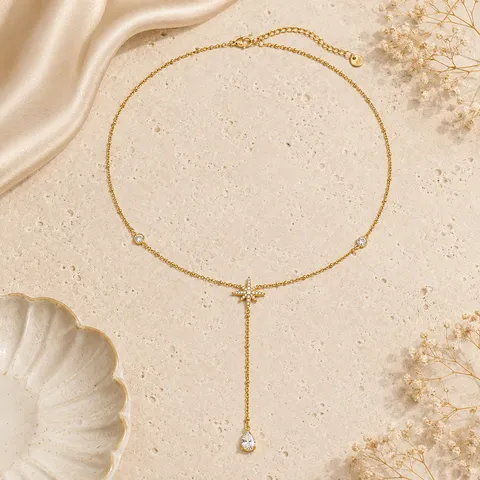 Fashion Stainless Steel Eight-Pointed Star Pendant Necklace For Women Gold Plated Full Zirconia Teardrop Lariat Y-Chain Necklace