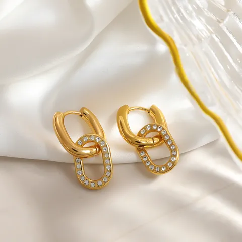 Orecchini a Cerchio a Forma di U in Acciaio Inossidabile Placcato Oro 18K Doppio Anello Impermeabile Strass Gioielli da Donna
