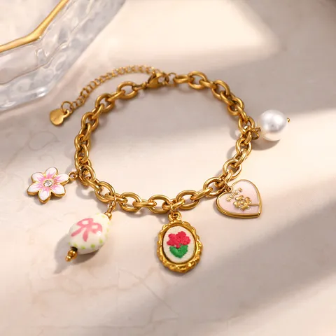 Edelstahl Vergoldete Kette Armband Mit Blumen Perle Strass Anhängern Verstellbare Mode Schmuck Für Damen