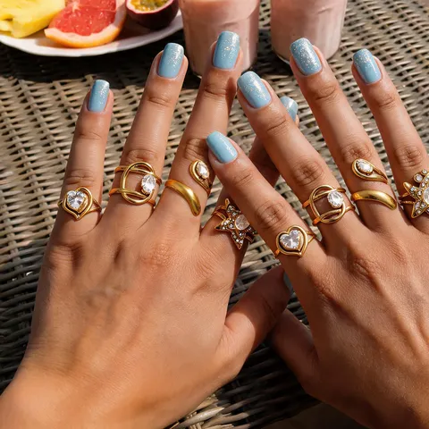 Anillo Ajustable Abierto de Acero Inoxidable Chapado en Oro para Mujer Joyas de Moda con Strass de Corazón y Estrella
