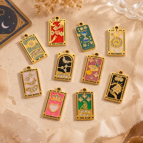 Roestvrijstalen Tarotkaart Charms Voor DIY Sieraden Maken Verguld Emaille Strass Zon Maan Ster Geliefden Hangers Accessoires