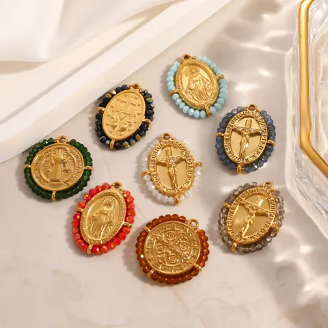 Edelstahl 18K Vergoldet Kreuz Jungfrau Maria St Benedikt Religiöse Medaille Anhänger Bunte Strass DIY Schmuckzubehör