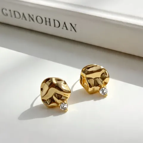 Pendientes de Botón de Plata de Ley S925 Redondos Textura Martillada para Mujer Minimalista Incrustada con Circonia Joyería Moda