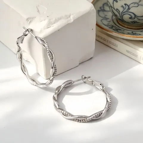 Pendientes de Aro Retro Twist de Plata de Ley 925 Chapados en Oro Plata Líneas Entrelazadas Strass para Mujer Joyería
