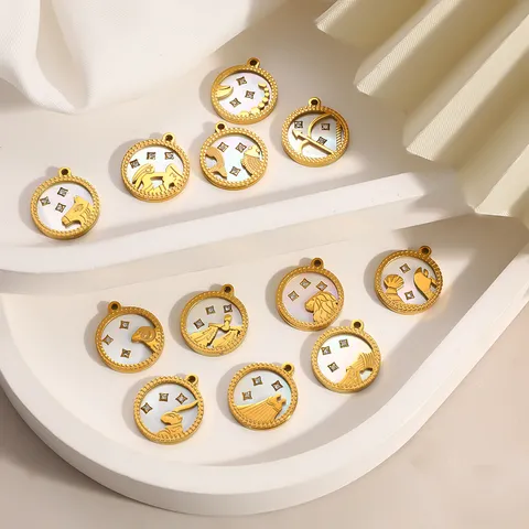 Edelstahl 12 Sternzeichen Anhänger DIY Schmuckzubehör Rund Perlmutt Inlay Strass Vergoldet Konstellation Charm Für Halsketten Herstellung