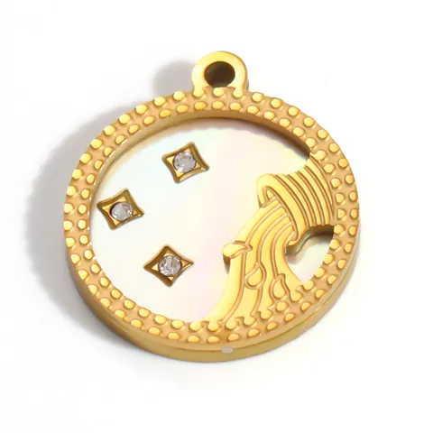 Edelstahl 12 Sternzeichen Anhänger DIY Schmuckzubehör Rund Perlmutt Inlay Strass Vergoldet Konstellation Charm Für Halsketten Herstellung