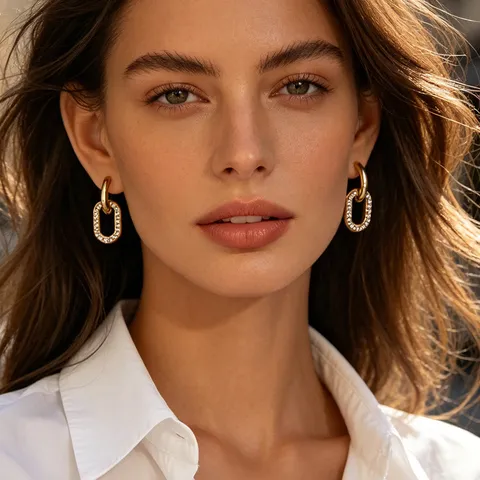 Orecchini a Cerchio a Forma di U in Acciaio Inossidabile Placcato Oro 18K Doppio Anello Impermeabile Strass Gioielli da Donna