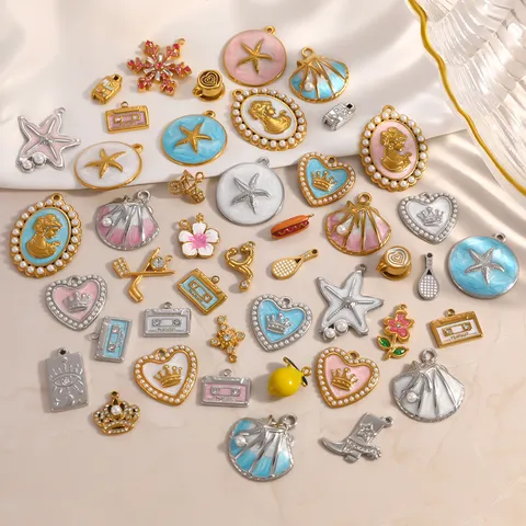 Stainless Steel DIY Pendant Charms For Jewelry Making Marine Sea Star Snowflake Cameo Drip Oil Rhinestone Charms Accessories