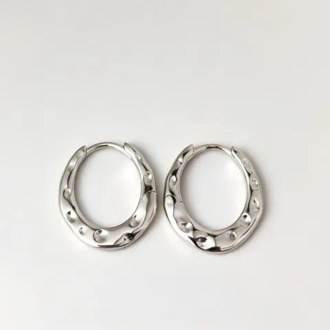 Pendientes de Aro Ovalados de Plata de Ley 925 Estilo Frío Minimalista Martillado Joyería de Oreja Geométrica para Mujer