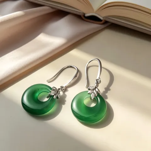 Pendientes de Gancho de Plata de Ley 925 Estilo Chino Hebilla Pingan Calcedonia Verde Blanca Hoja Diamante de Imitación Pendientes Vintage Elegantes para Mujer