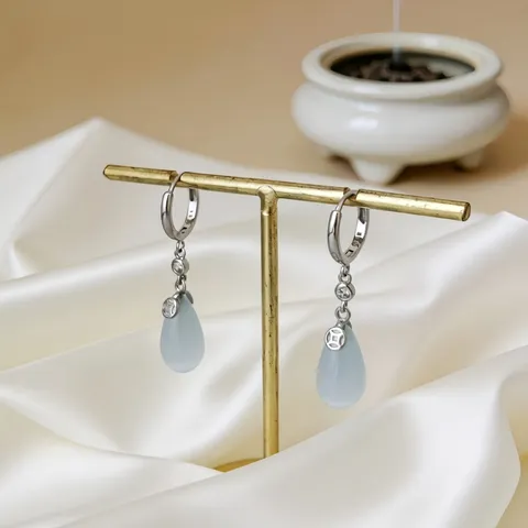Pendientes de Gota de Calcedonia Verde de Plata de Ley 925 para Mujer Estilo Chino Vintage Moneda Circonia Joyería