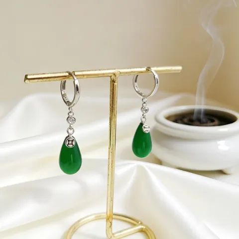Pendientes de Gota de Calcedonia Verde de Plata de Ley 925 para Mujer Estilo Chino Vintage Moneda Circonia Joyería