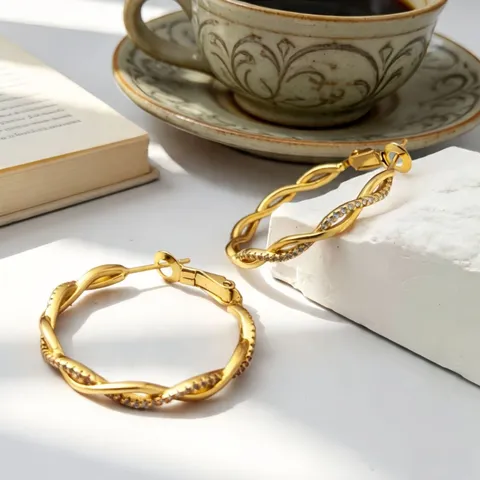 Pendientes de Aro Retro Twist de Plata de Ley 925 Chapados en Oro Plata Líneas Entrelazadas Strass para Mujer Joyería