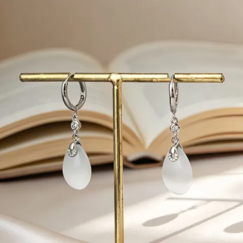 Pendientes de Aro de Plata de Ley S925 Estilo Chino Gota de Agua para Mujer Calcedonia Verde Strass Joyería