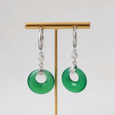 Pendientes Ping An Kou de Plata de Ley 925 Estilo Chino Calcedonia Verde Ojo de Gato Blanco Diamante de Imitación Corazón