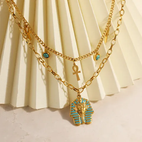 Collier Pendentif Pharaon Égyptien Rétro pour Hommes Femmes Acier Inoxydable Plaqué Or 18K Chaîne à Double Rangée Croix Ankh Bijoux en Émail Cadeau