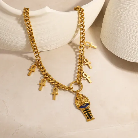 Vintage Stainless Steel Gold Plated Egyptian Pharaoh Ankh Cross Pendant Necklace Moon Artificial Pearl Rhinestone Jewelry