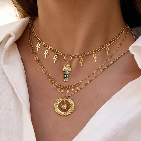 Vintage Stainless Steel Gold Plated Egyptian Pharaoh Ankh Cross Pendant Necklace Moon Artificial Pearl Rhinestone Jewelry