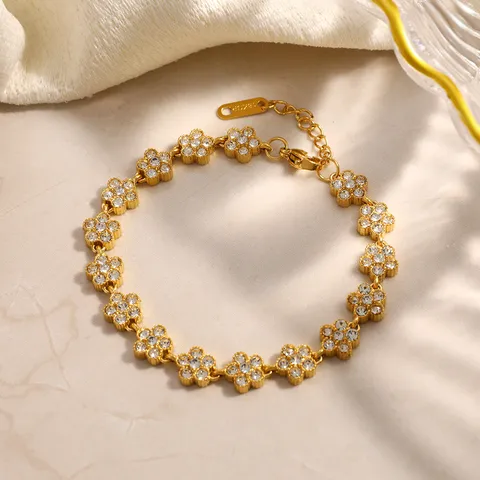 Pulsera de Eslabones de Flor y Estrella de Acero Inoxidable para Mujer Bañada en Oro de 18K Elegante Impermeable con Strass