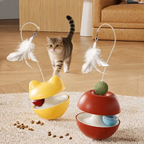 Juguete Interactivo para Gatos Comedero Tumbler Dispensador de Comida con Varilla Teaser de Plumas