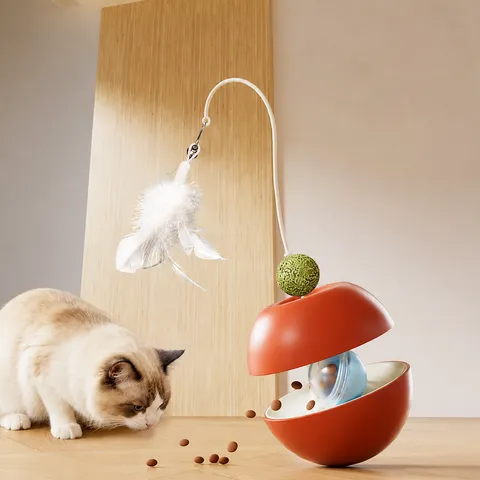 Juguete Interactivo para Gatos Comedero Tumbler Dispensador de Comida con Varilla Teaser de Plumas
