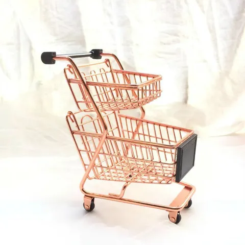 Double Layer Mini Shopping Cart Desktop Storage Rack Alloy Metal Makeup Sponge Holder Cute Ornaments Photo Props