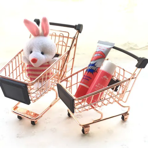 Mini Carrito de Compras de Metal Supermercado Trolley Organizador de Escritorio Oro Rosa Cesta de Almacenamiento Juguete de Simulación