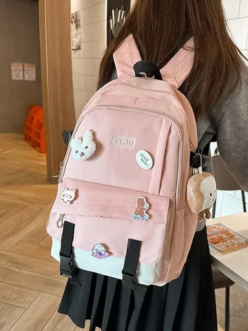 Zaino Casual in Nylon Patchwork a Grande Capacità Borsa da Scuola con Simpatici Ciondoli di Peluche per Donna Studenti Viaggio