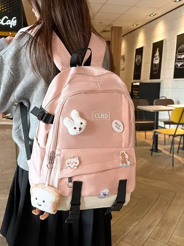 Zaino Casual in Nylon Patchwork a Grande Capacità Borsa da Scuola con Simpatici Ciondoli di Peluche per Donna Studenti Viaggio