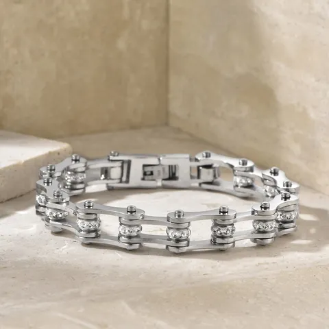 Men's 304 Stainless Steel Bicycle Chain Bracelet Hip Hop Punk Rhinestone Inlaid Fashion Jewelry Electroplated Chain Bracelet