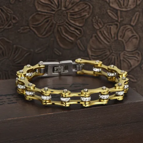 Men's 304 Stainless Steel Bicycle Chain Bracelet Hip Hop Punk Rhinestone Inlaid Fashion Jewelry Electroplated Chain Bracelet