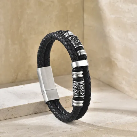 Herren Punk Wikinger Kompass Geflochtenes Lederarmband Edelstahl Magnetverschluss Nordische Runen Vegvisir Schmuck