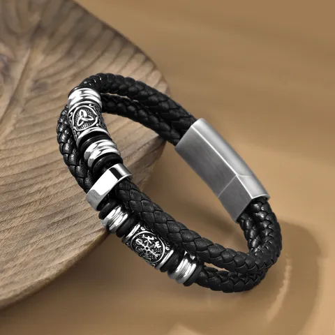 Herren Punk Wikinger Kompass Geflochtenes Lederarmband Edelstahl Magnetverschluss Nordische Runen Vegvisir Schmuck