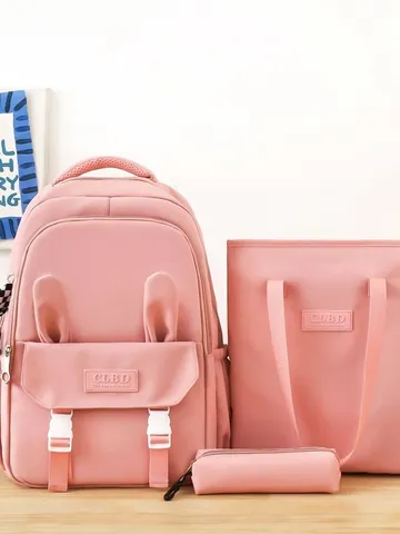 Juego de Mochila de 3 Piezas de Orejas de Conejo Lindas para Niñas Mochila Escolar de Nailon Impermeable de Gran Capacidad Azul Rosa Negro