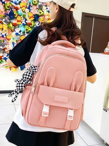 Juego de Mochila de 3 Piezas de Orejas de Conejo Lindas para Niñas Mochila Escolar de Nailon Impermeable de Gran Capacidad Azul Rosa Negro