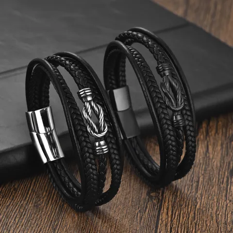 Men's Multi-layer Braided Microfiber Leather Bracelet Stainless Steel Magnetic Clasp Punk Individual Street Style Wristband